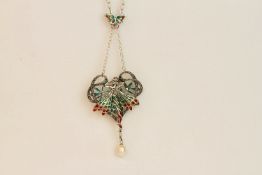 Large silver plique-à-jour pixie/fairy necklace with suspended pearl and marcasites and enamel