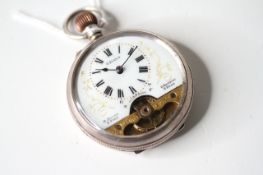 Silver 8 Day open faced pocket watch, porcelain demi dial, open work balance, silver case, stop/