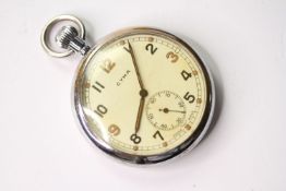 VINTAGE CYMA G.S.T.P MILITARY POCKET WATCH CIRCA 1940s, circular cream patina dial with arabic