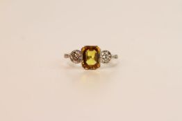 Yellow Sapphire & Diamond Ring, step cut yellow sapphire set to the centre, 2 brilliant cut diamonds