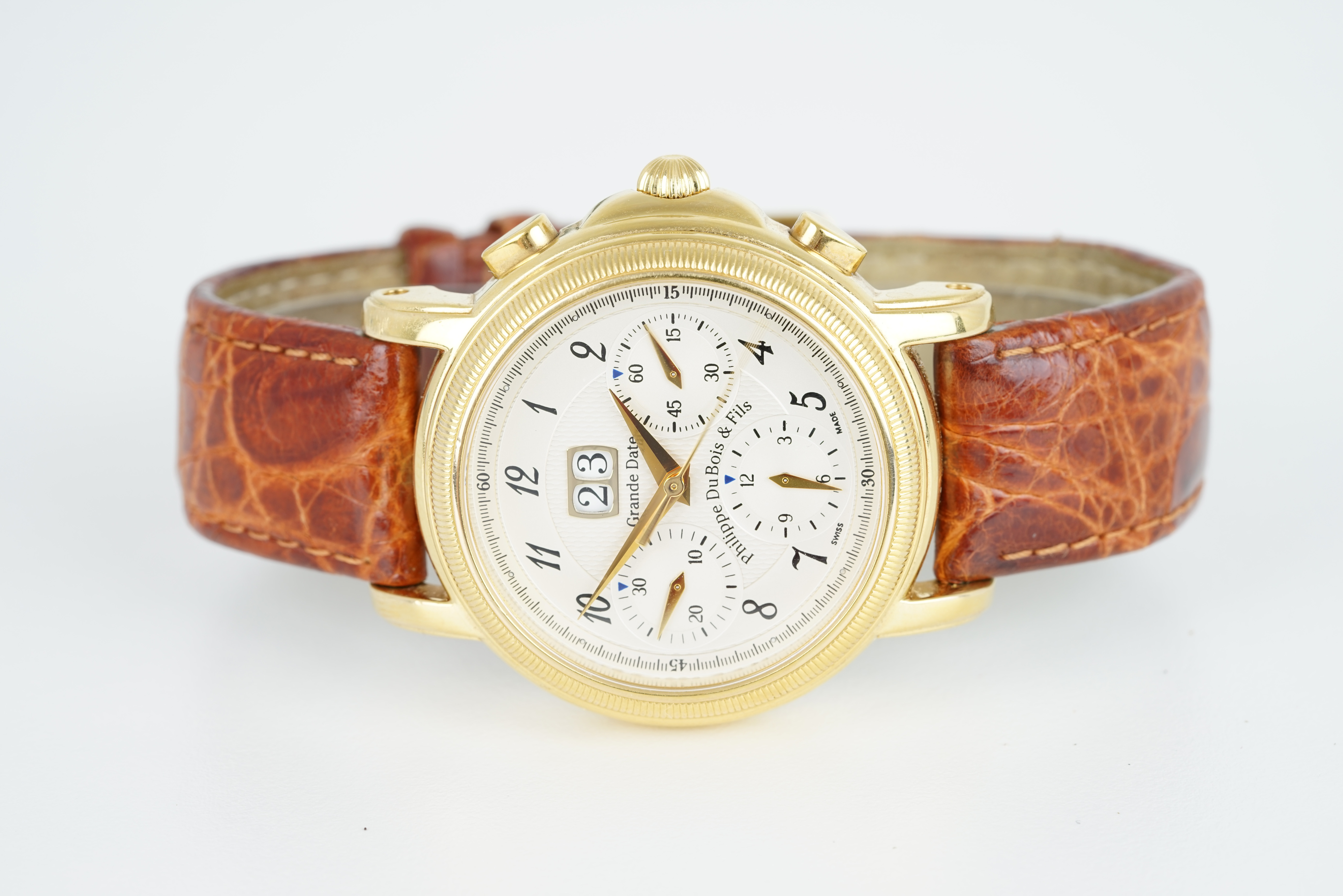 GENTLEMENS PHILIPPE DUBOIS & FILS GRAND DATE CHRONOGRAPH WRISTWATCH, circular two tone triple