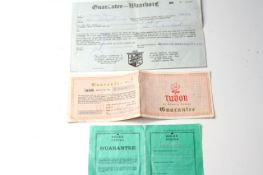 ROLEX AND TUDOR PAPERS, two pieces of guarantee paperwork for a Rolex DateJust dated 1970, Tudor