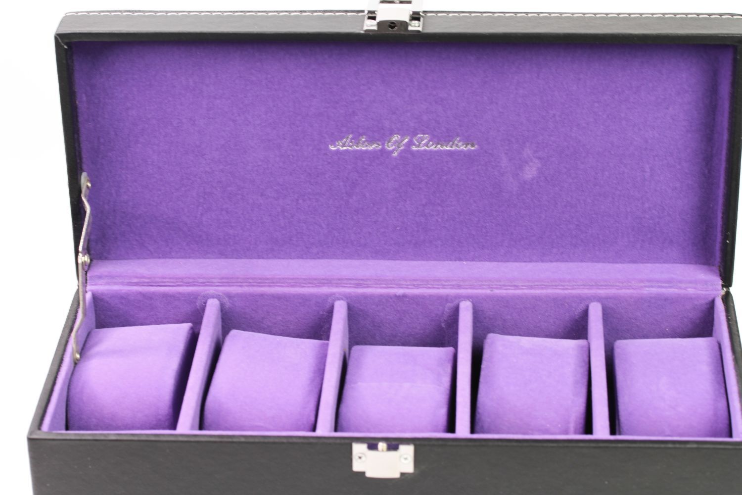 ASTON OF LONDON BLACK 5 PIECE WATCH BOX, 5 piece watch box, comes with 5 cushions, purple - Image 2 of 3