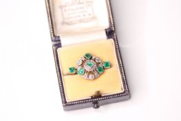 Art Deco Emerald and Diamond Brooch, central circular plaque set with three pear cut emeralds, three