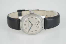 MID SIZE LONGINES WRISTWATCH, circular silver dial with arabic numeral hour markers and hands, sub