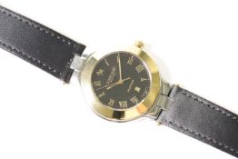 ANDRE LE MARQUAND HUNTER WRIST WATCH, circular black dial with gold arabic numeral hour markers,