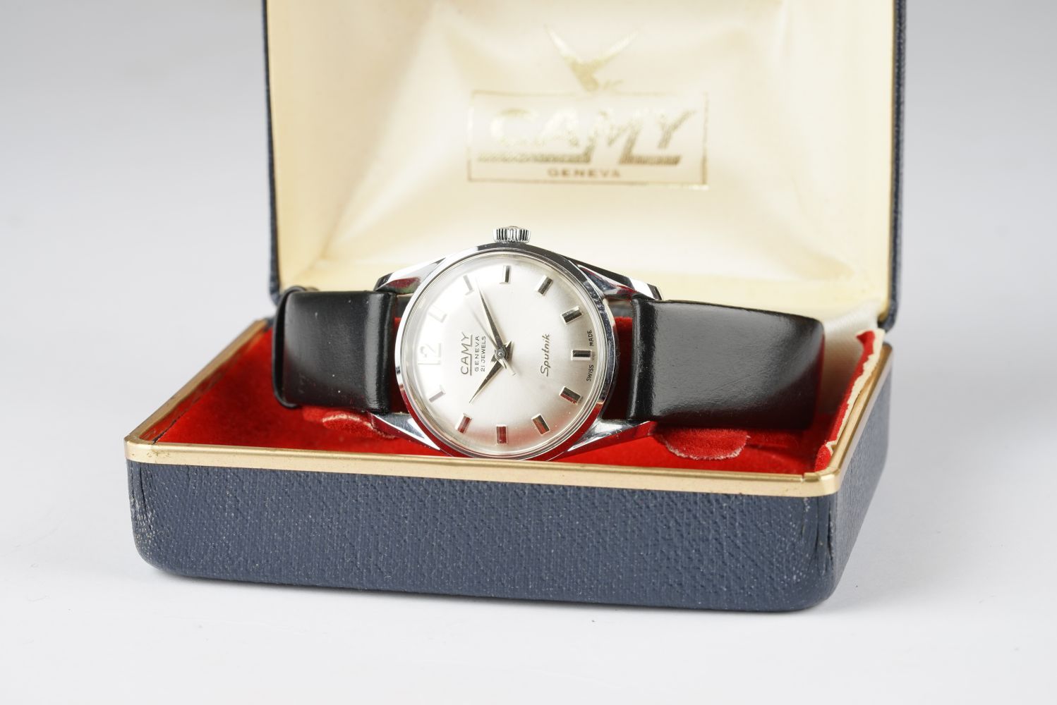 GENTLEMENS CAMY SPUTNIK WRISTWATCH W/ BOX, circular silver dial with silver hour markers and - Image 2 of 2