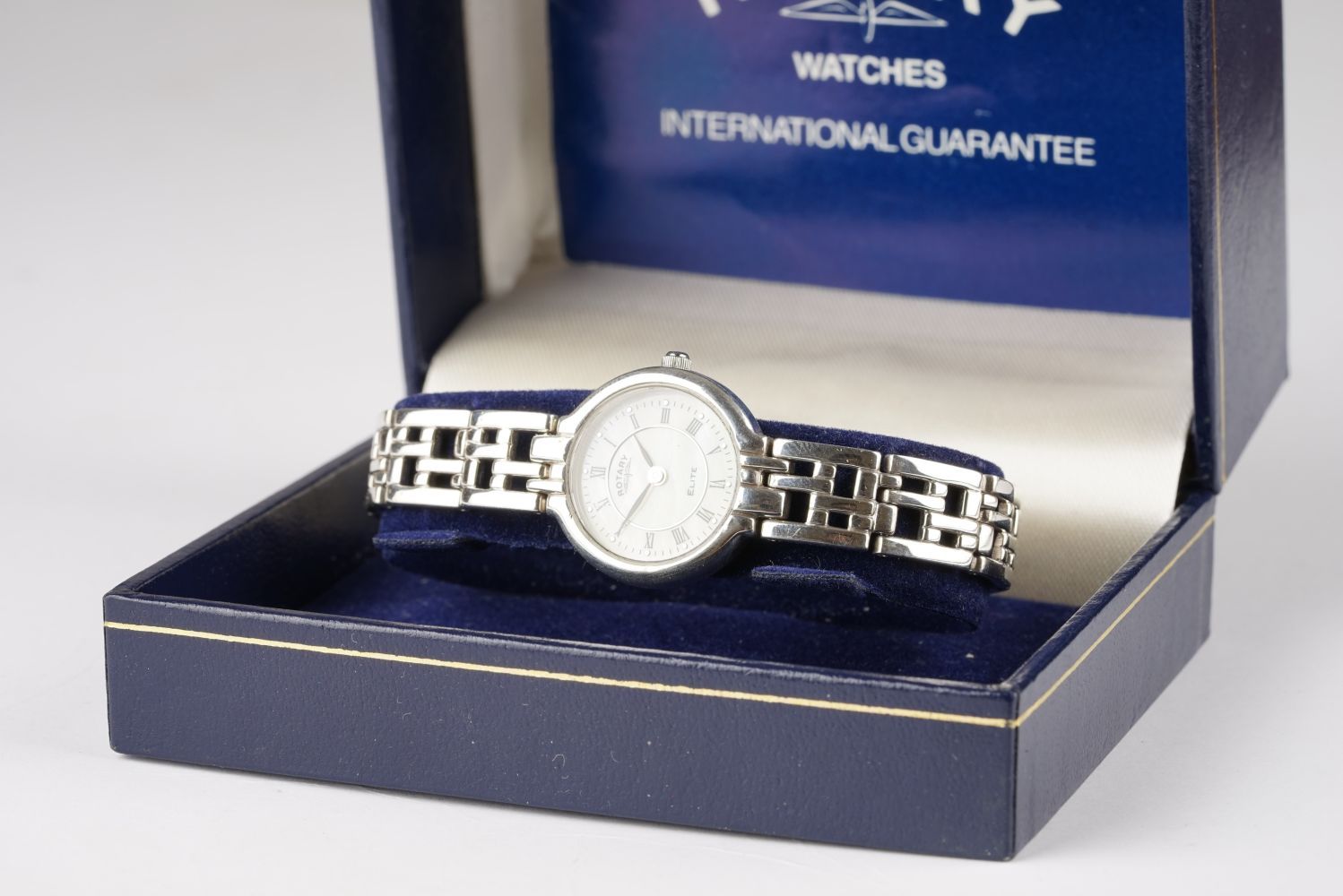 LADIES ROTARY ELITE STERLING SILVER WRISTWATCH W/ BOX & GUARANTEE, circular mother of pearl dial - Image 2 of 2