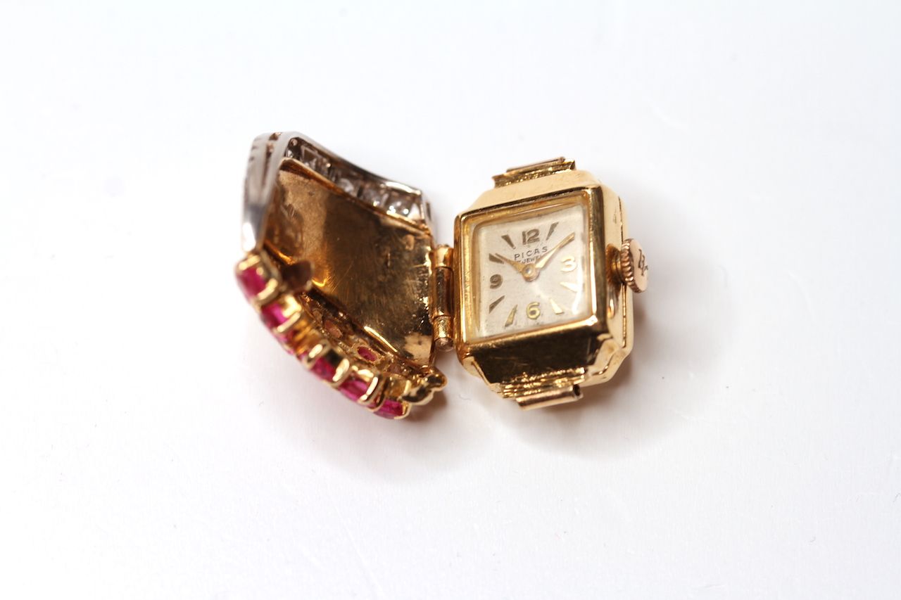 Picas Ruby and Diamond set watch head only, square cream dial with arabic numbers and hour - Image 2 of 4