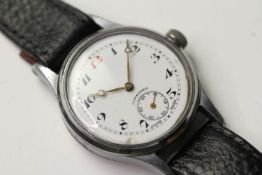 VINTAGE LONGINES WRISTWATCH, circular white enamel dial, Arabic numerals, red 12, gilt hands,