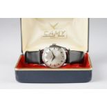 GENTLEMENS CAMY SPUTNIK WRISTWATCH W/ BOX, circular silver dial with silver hour markers and