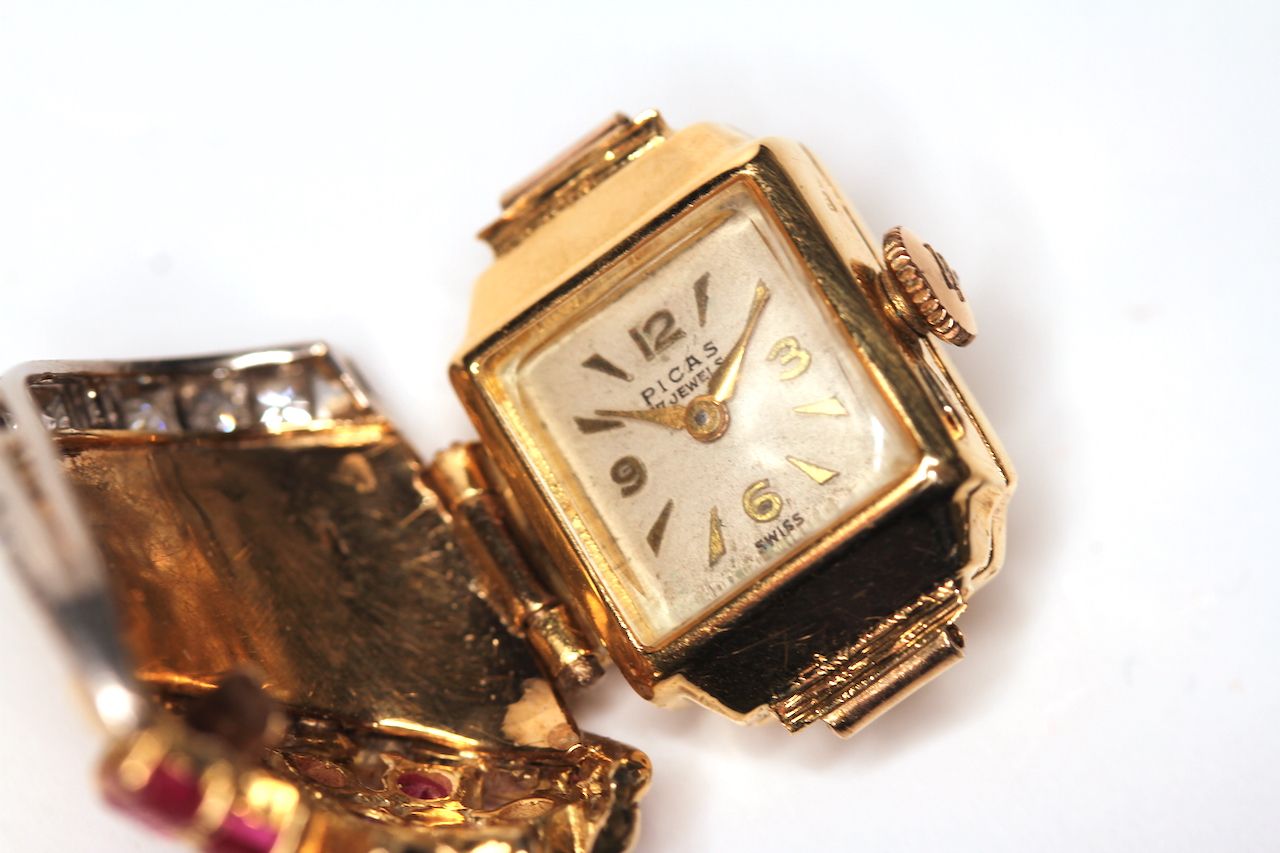 Picas Ruby and Diamond set watch head only, square cream dial with arabic numbers and hour - Image 4 of 4