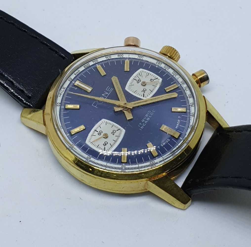 RONE VALJOUX CHRONOGRAPH WITH BLUE DIAL IN GOLD PLATE 1970S. 1970S RONE VALJOUX CHRONOGRAPH WITH - Image 4 of 8