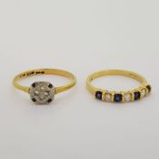 2 x 18ct yellow gold rings with sapphire and diamond content. The art deco ring is stamped 18CT &
