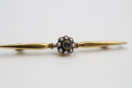 15ct gold antique sapphire & seed pearl halo bar brooch 3.8 grams gross