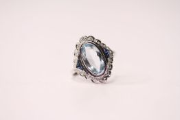 Victorian-style 18ct white gold oval aquamarine, sapphire and diamond ring. Aqauamarine 1.99ct.