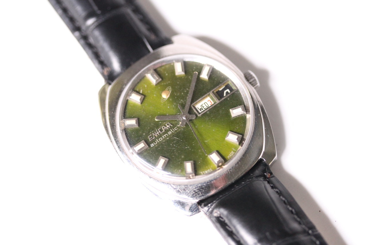 *TO BE SOLD WITHOUT RESERVE* ENICA AUTOMATIC WRIST WATCH, circular sunburst green dial with baton