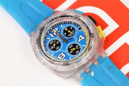 SWATCH QUARTZ CHRONOGRAPH WRIST WATCH WITH BOOKLETS, circular blue dial with baton and arabic
