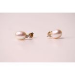Pair of 9ct yellow gold pearl and baguette and round-cut diamond bale drop earrings, boxed