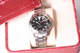 OMEGA SEAMASTER GMT 50TH ANNIVERSARY EDITION WITH BOX, circular black wave dial with baton hour