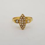 18 carat yellow gold antique pearl and diamond ring. Stamped 18CT with makers mark L & W. Finger