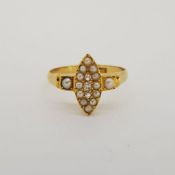 18 carat yellow gold antique pearl and diamond ring. Stamped 18CT with makers mark L & W. Finger