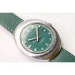 SICURA AUTOMATIC 25 JEWELS DATE WRIST WATCH, circular green dial with baton hour markers, date at