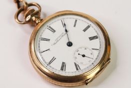 WALTHAM WATCH CO GOLD POCKET WATCH WITH CHAIN, circular white dial with roman numeral hour