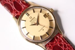 VINTAGE 18CT OMEGA CONSTELLATION PIE PAN DIAL, circular gold dial with baton hour markers, date