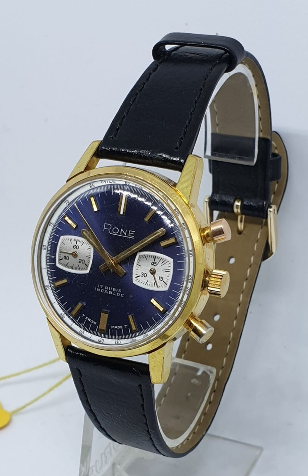 RONE VALJOUX CHRONOGRAPH WITH BLUE DIAL IN GOLD PLATE 1970S. 1970S RONE VALJOUX CHRONOGRAPH WITH - Image 3 of 8