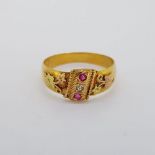 18 carat yellow gold ring with ruby and diamond. Full hallmark 190, finger size M