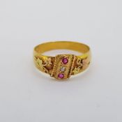 18 carat yellow gold ring with ruby and diamond. Full hallmark 190, finger size M