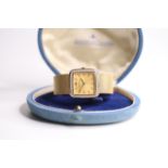 VINTAGE 18CT JAEGER LE-COULTRE WRIST WATCH WITH DIAMOND BEZEL AND JLC BOX, cushion champagne dial