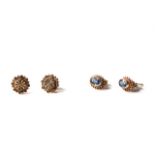2x pairs of stud earrings, blue stone set 9ct with rope edge boarder, bright cut circular studs, 2.