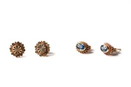 2x pairs of stud earrings, blue stone set 9ct with rope edge boarder, bright cut circular studs, 2.