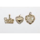 3 x 9ct Gold pendants inc. bridesmaid, ornate 2.6 grams gross