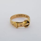 15 carat yellow gold buckle ring with maker and full hallmark 1896, finger size O,