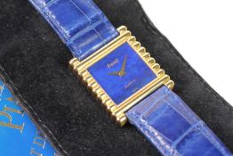 18CT PIAGET LAPIS WRIST WATCH WITH PAPERS AND POUCH REFERENCE 71310, square lapis dial with gold