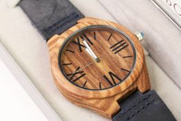STERILE DIAL WOODEN CASE QUARTZ WRIST WATCH, wooden dial with roman numeral hour markers, 45mm