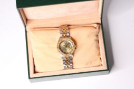 LADIES TUDOR MINI-SUB STEEL AND GOLD WRIST WATCH WITH BOX, circular champagne dial with applied hour