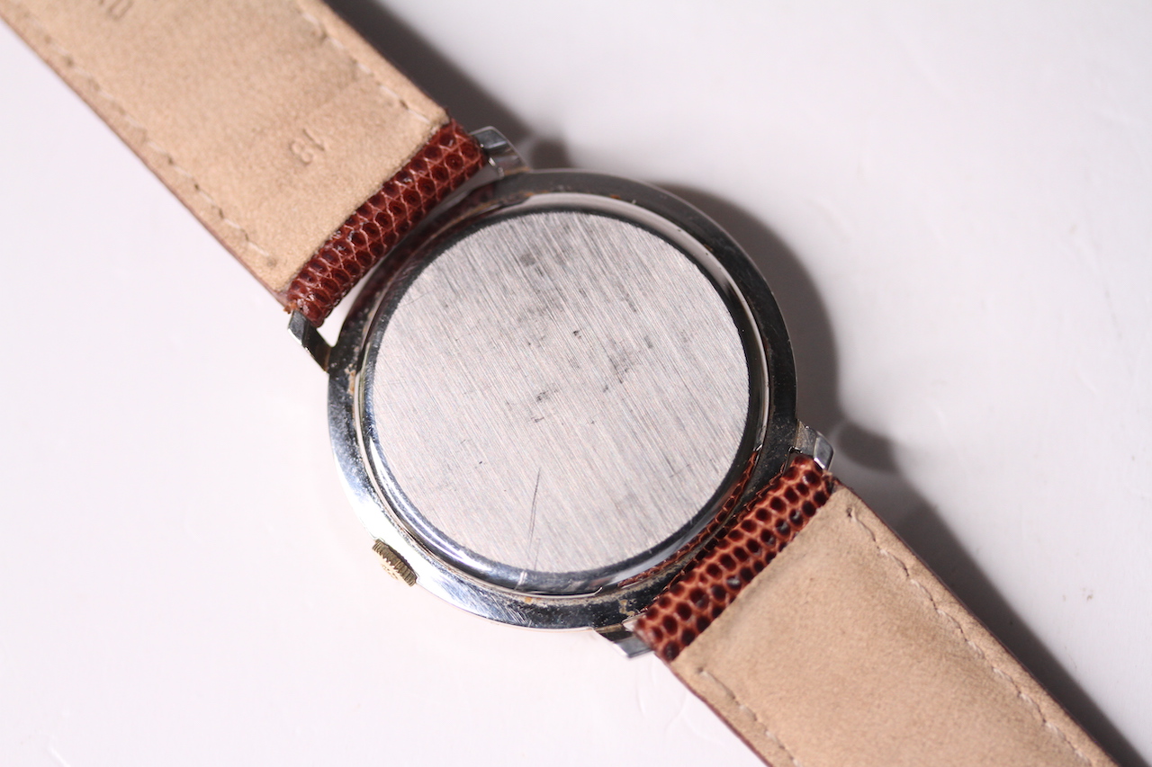 VINTAGE CORUM WRIST WATCH, circular grey dial, 34mm gold plated case, brown leather strap, snap case - Image 2 of 2