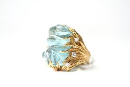 Carved Aquamarine and diamond cocktail ring, 26x16mm carved aquamarine, set within a branching '