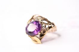 Amethyst Art Nouveau Ring, stamped 9ct yellow gold, size N, 11.05g.