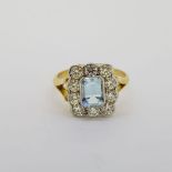 18 carat yellow gold octagonal cut aquamarine and round brilliant cut diamond small tablet ring with