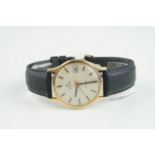 GENTLEMENS OMEGA GENEVE 9CT GOLD WRISTWATCH, circular silver dial with stick hour markers and hands,