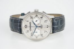 GENTLEMENS LONGINES OLYMPICS EDITION CHRONOGRAPH WRISTWATCH, circular silver twin register dial with