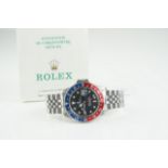 GENTLEMENS ROLEX OYSTER PERPETUAL DATE GMT MASTER PEPSI WRISTWATCH W/ BOOKLETS & GUARANTEE REF.