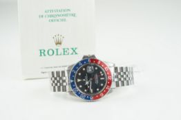 GENTLEMENS ROLEX OYSTER PERPETUAL DATE GMT MASTER PEPSI WRISTWATCH W/ BOOKLETS & GUARANTEE REF.