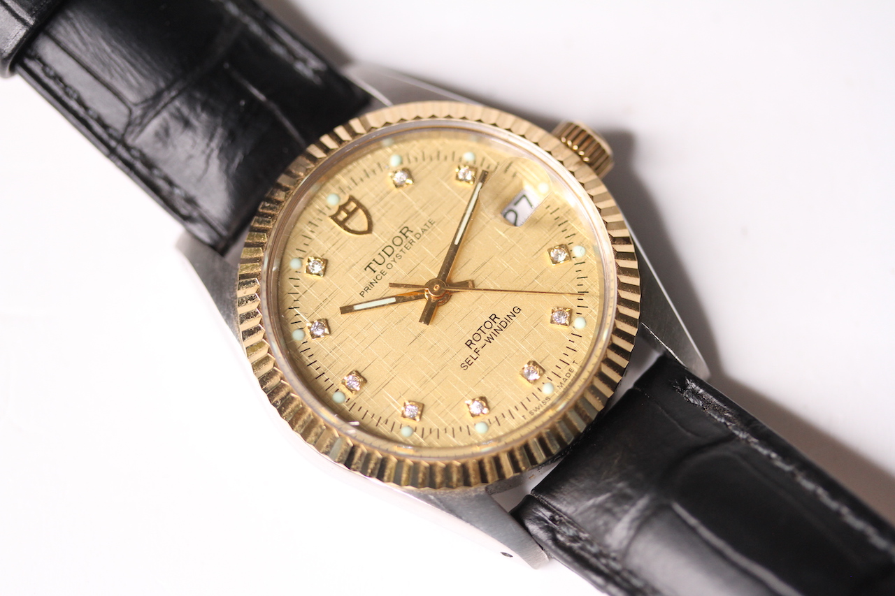 VINTAGE TUDOR PRINCE OYSTERDATE 1987, circular champagne dial with diamond hour markers, date