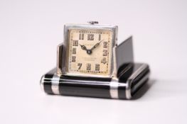 VINTAGE 925 SILVER DUNHILL LA CAPTIVE TAVANNES CLOCK CIRCA 1930s, square cream dial with arabic